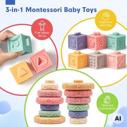 WOOPIE BABY Minkšti sensoriniai kaladėliai-kramtukai 23 el. 1 WOOPIE BABY Minkšti sensoriniai kaladėliai-kramtukai 23 el. 1
