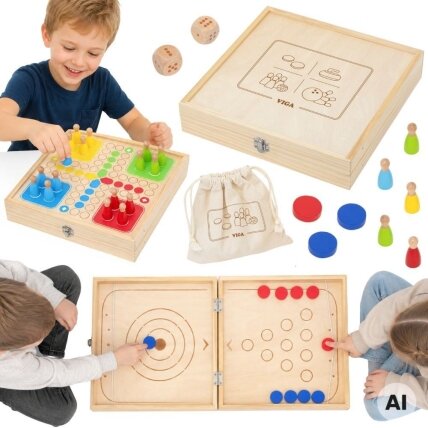 VIGA medinis vikrumo žaidimas 4in1 Stalo ledo ritulys Kerlingas Boulingas Ludo VIGA medinis vikrumo žaidimas 4in1 Stalo ledo ritulys Kerlingas Boulingas Ludo