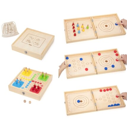 VIGA medinis vikrumo žaidimas 4in1 Stalo ledo ritulys Kerlingas Boulingas Ludo 7