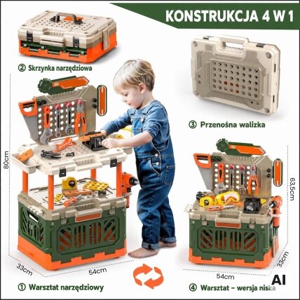 WOOPIE Dirbtuvės 4in1 Mažojo Meistro Rinkinys Akumuliatorinis Gręžtuvas Priedai 90el. 4