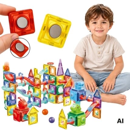WOOPIE Magnetiniai konstrukciniai 3D kaladėlės edukacinis rinkinys kamuoliukų trasa 170el.