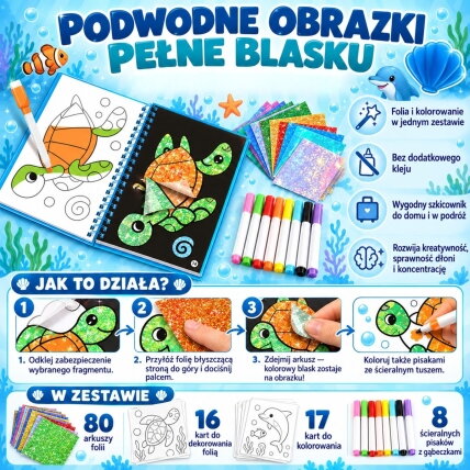 WOOPIE kūrybinis rinkinys „Delfinukas“ su folijos aplikacijomis ir spalvinimo paveikslėliais, 121 vnt. 2