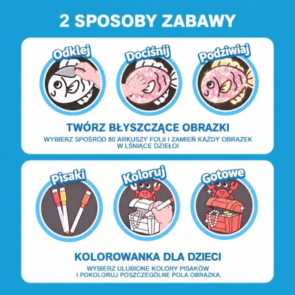 WOOPIE kūrybinis rinkinys „Delfinukas“ su folijos aplikacijomis ir spalvinimo paveikslėliais, 121 vnt. 10