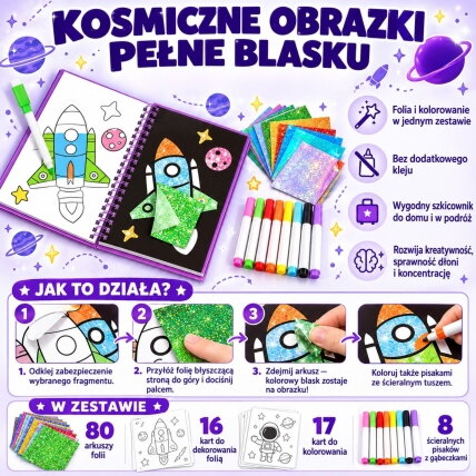 WOOPIE kūrybinis rinkinys „Kosmosas“ – folijos aplikacijos ir spalvinimo knygelė su kosmonautu, 121 vnt. 2 WOOPIE kūrybinis rinkinys „Kosmosas“ – folijos aplikacijos ir spalvinimo knygelė su kosmonautu, 121 vnt. 2