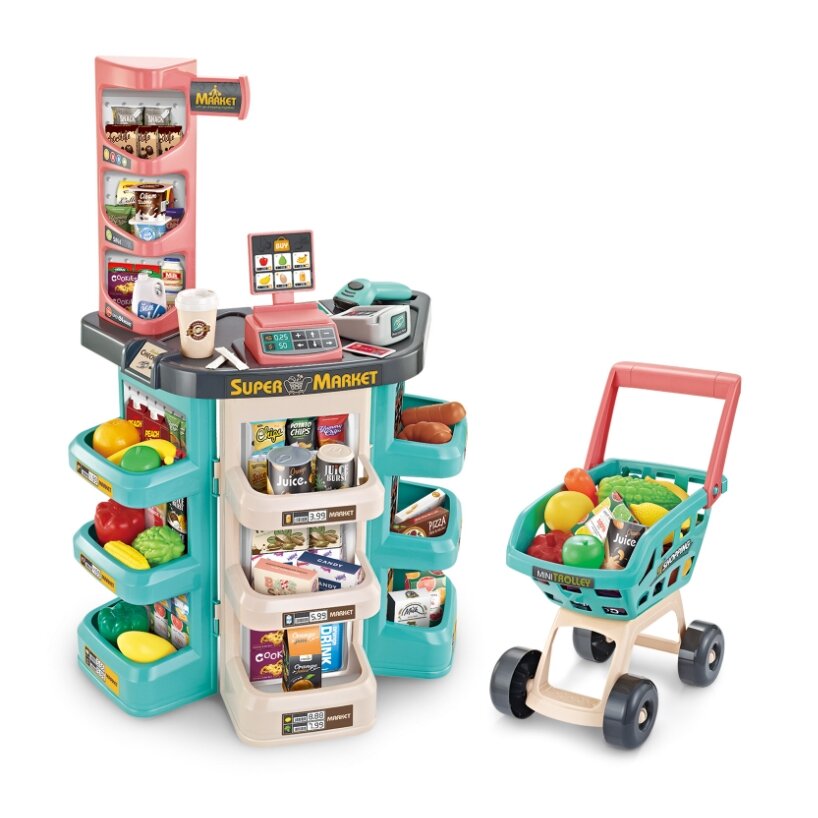 WOOPIE Parduotuvė Supermarketas ir pirkinių vežimėlis Krepšelis Parduotuvės kasa Svarstyklės Skaitytuvas 47 priedai 5 WOOPIE Parduotuvė Supermarketas ir pirkinių vežimėlis Krepšelis Parduotuvės kasa Svarstyklės Skaitytuvas 47 priedai 5