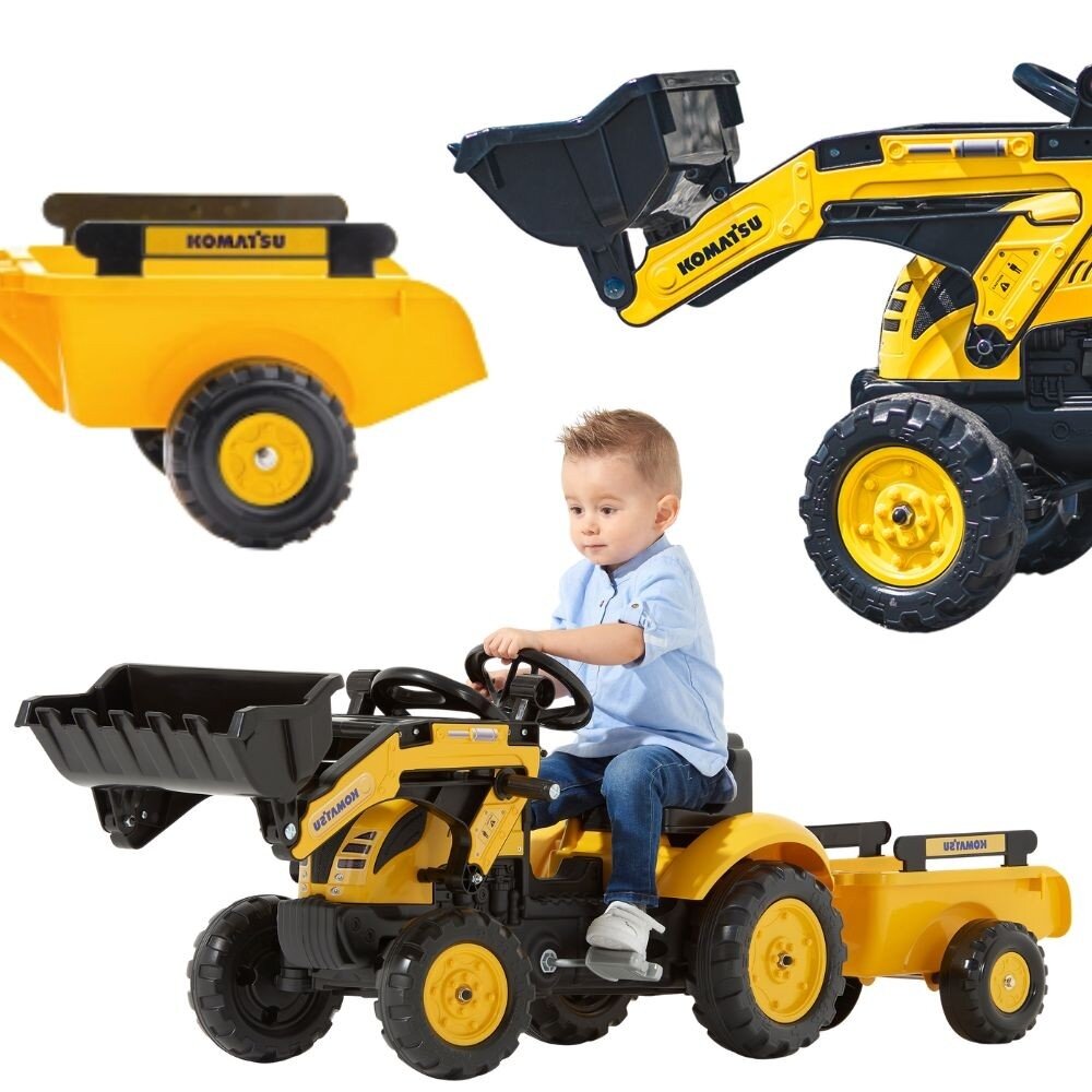 FALK pedalinis traktorius-ekskavatorius Komatsu su priekaba ir kaušu 2–5 metų vaikams FALK pedalinis traktorius-ekskavatorius Komatsu su priekaba ir kaušu 2–5 metų vaikams
