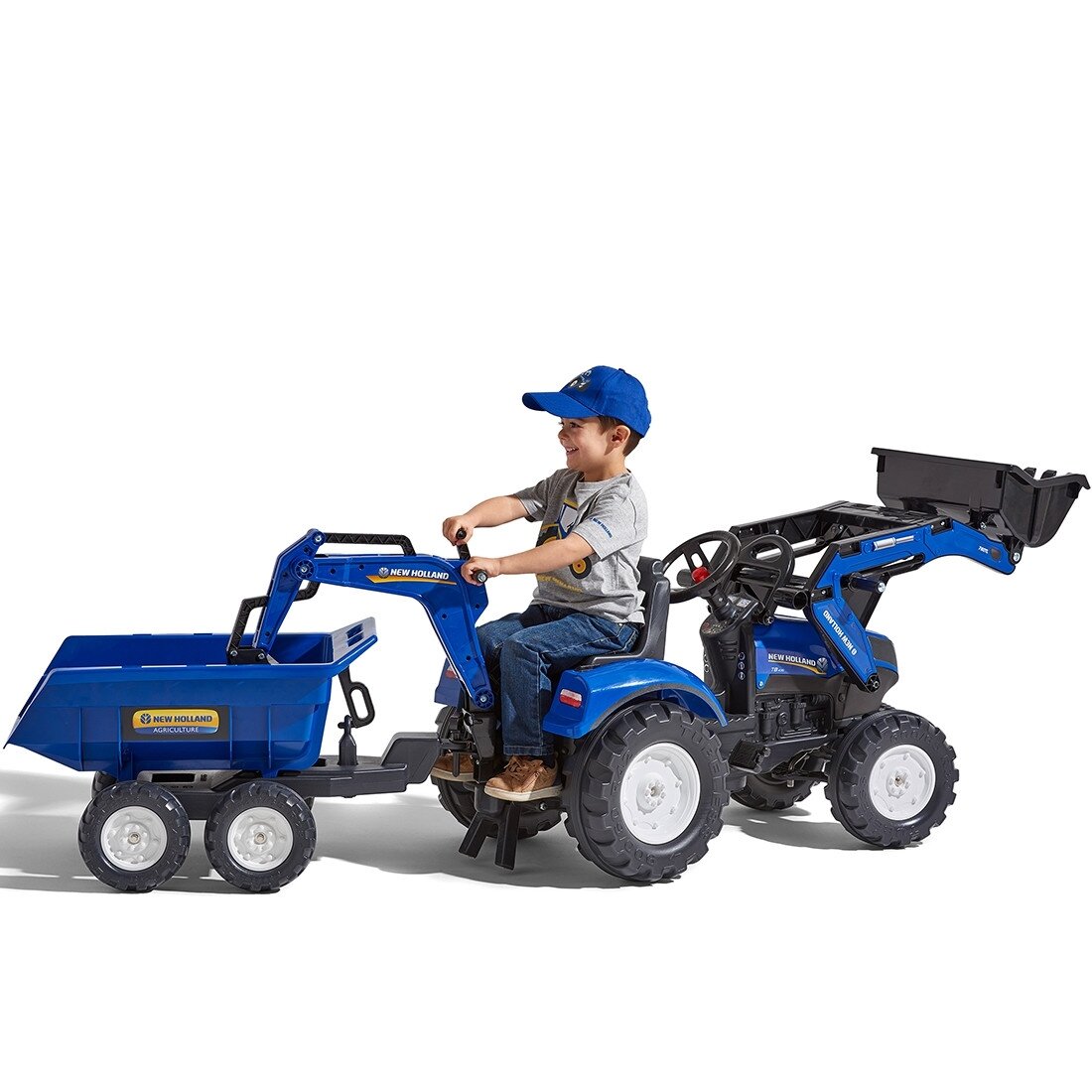 FALK pedalinis traktorius New Holland T8 su ekskavatorium ir priekaba 3–7 m. 8