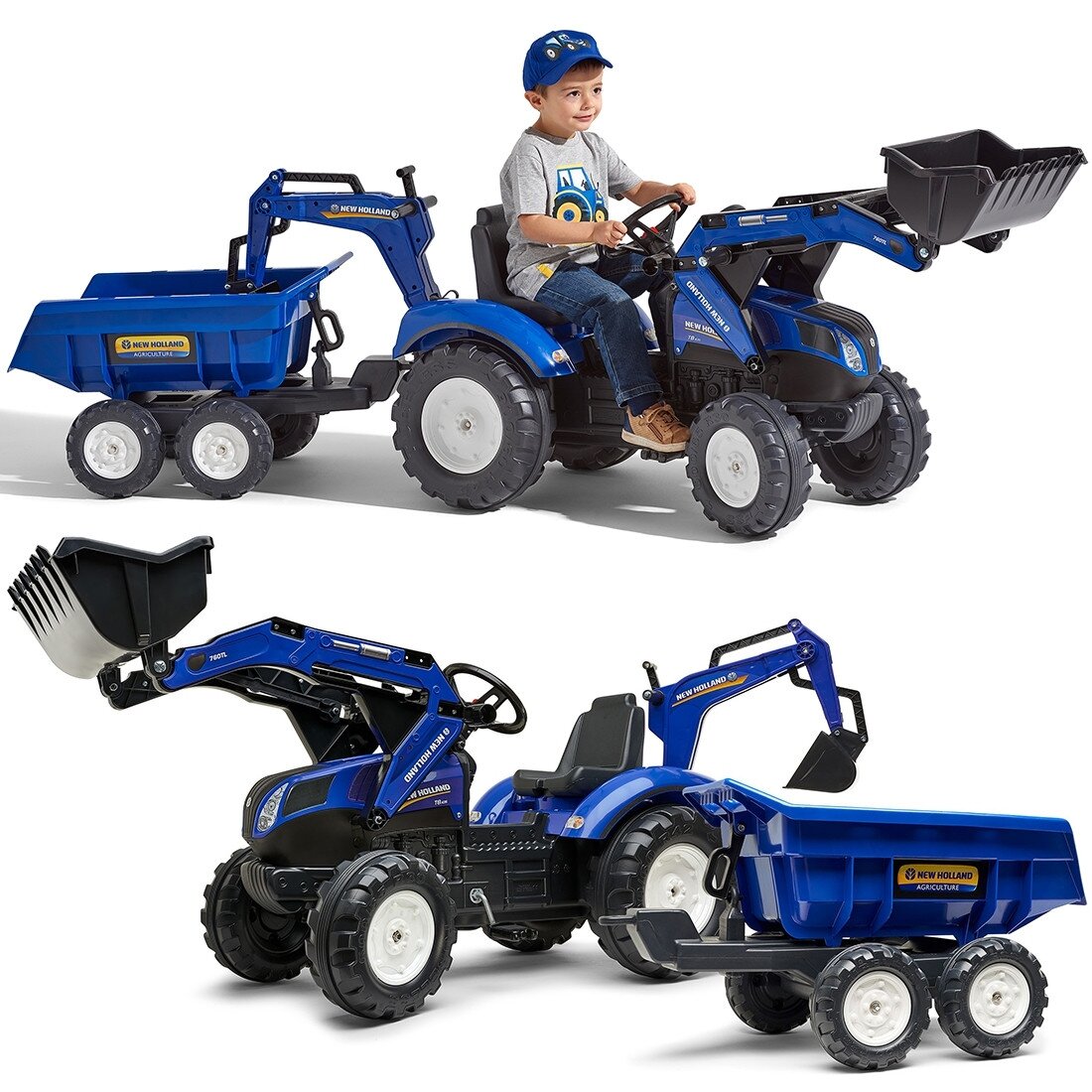 FALK pedalinis traktorius New Holland T8 su ekskavatorium ir priekaba 3–7 m.