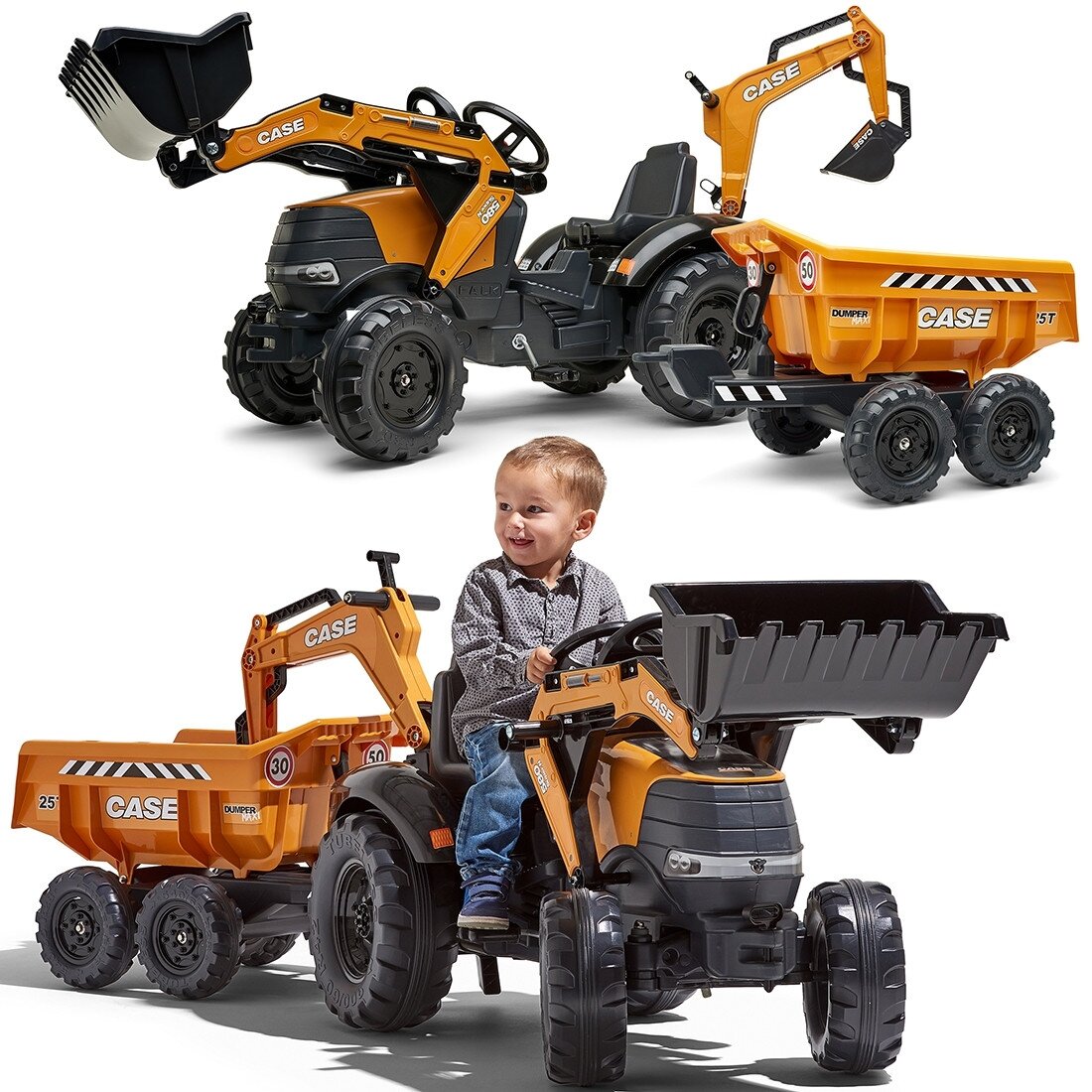 FALK traktorius Case IH Backhoe oranžinis su priekaba, judantis kaušas nuo 3 metų FALK traktorius Case IH Backhoe oranžinis su priekaba, judantis kaušas nuo 3 metų