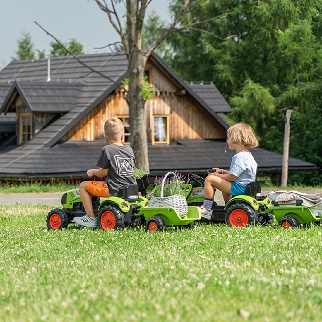 FALK Claas žalias pedalinis traktorius su priekaba ir kaušu 2–5 metų vaikams 4