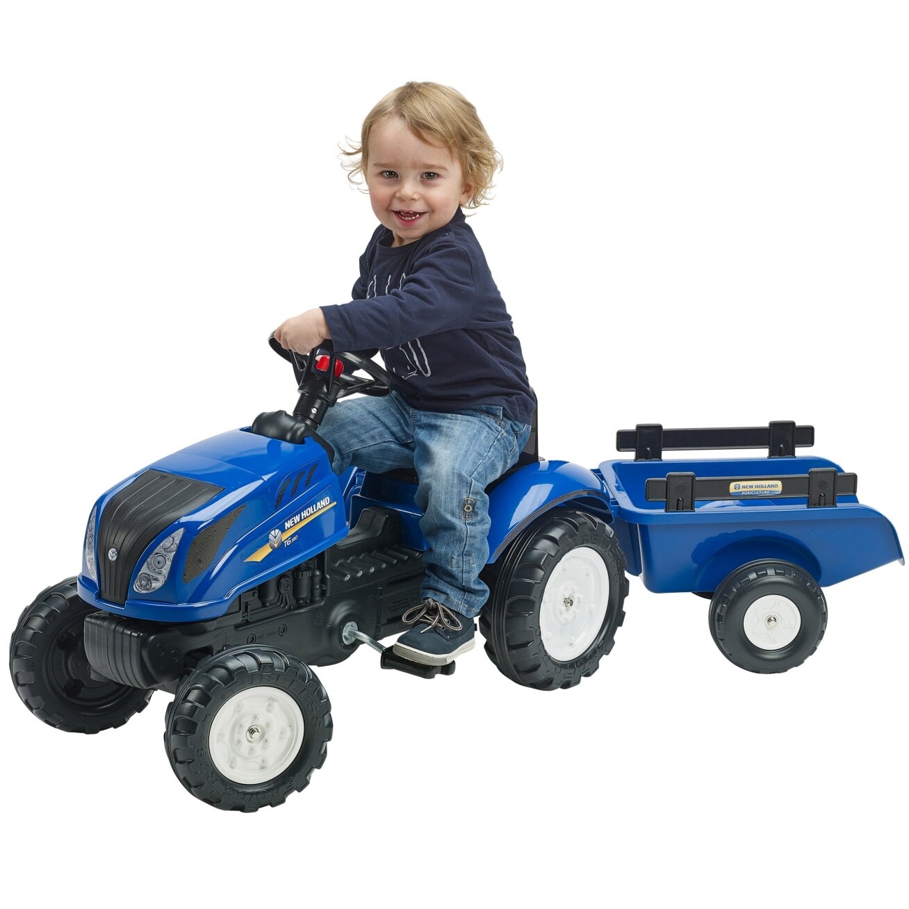 FALK pedalinis traktorius New Holland su priekaba ir atidaromu variklio dangčiu 2–5 m.