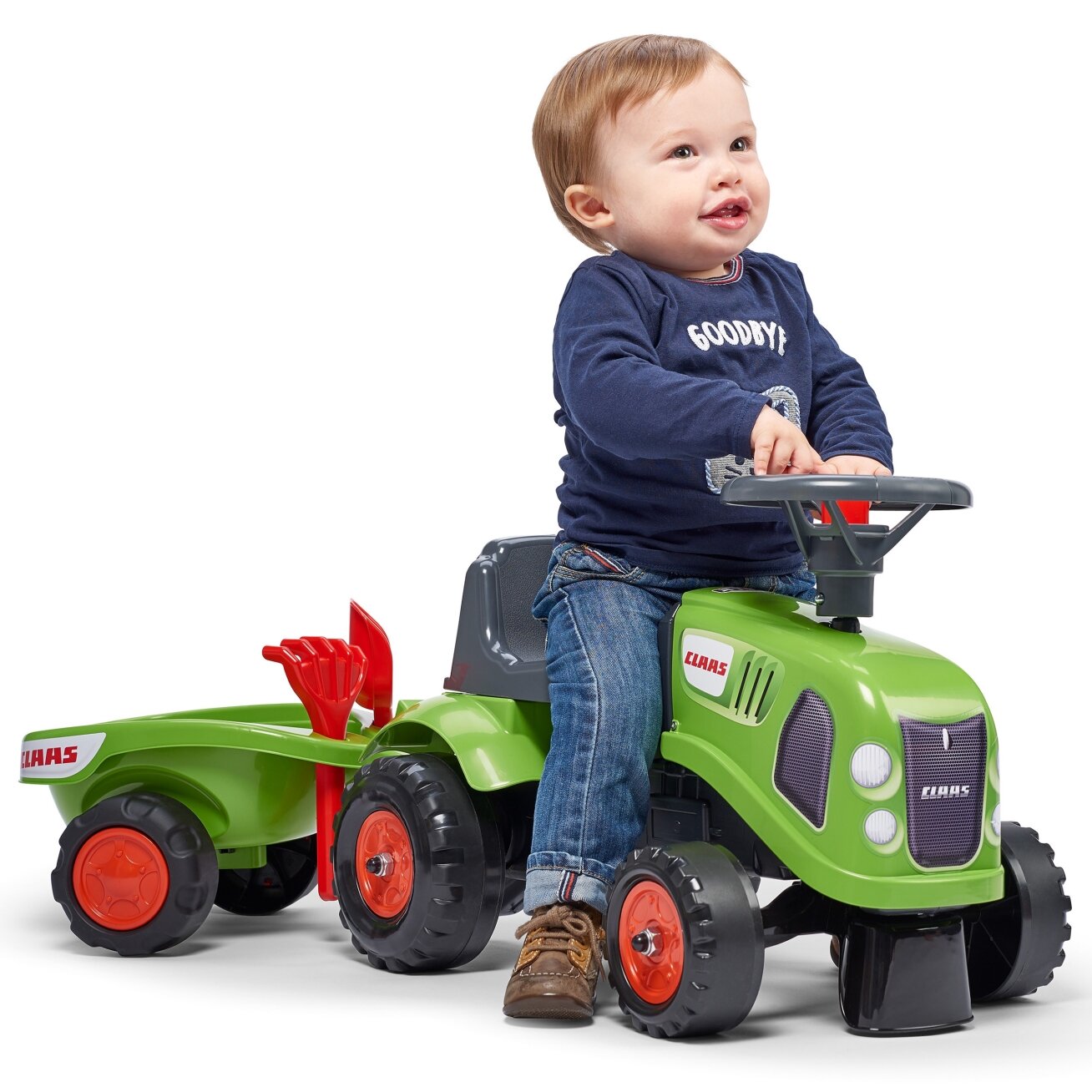 FALK Baby Claas žalias traktoriukas su priekaba + priedai nuo 1 metų 10