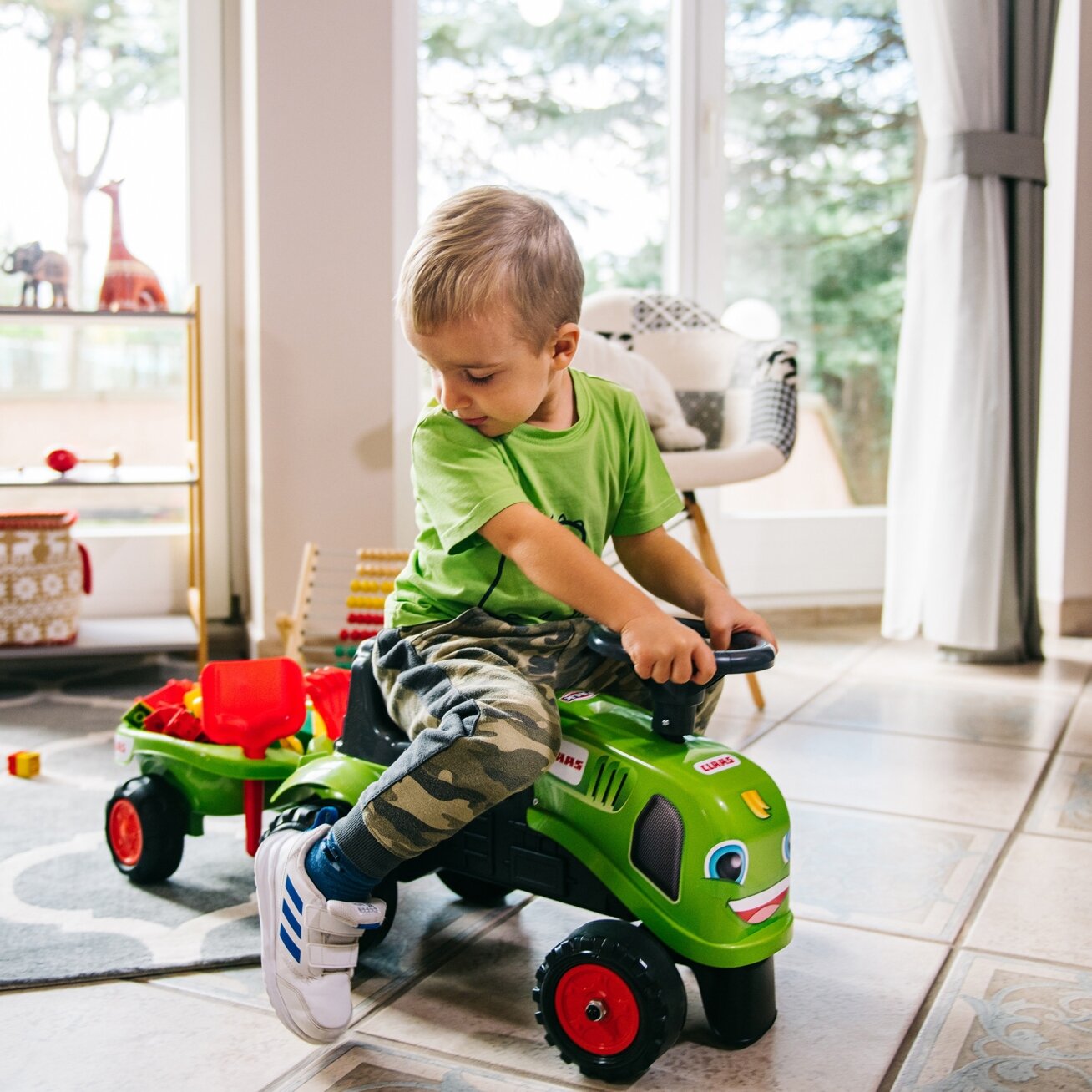 FALK Baby Claas žalias traktoriukas su priekaba + priedai nuo 1 metų 3