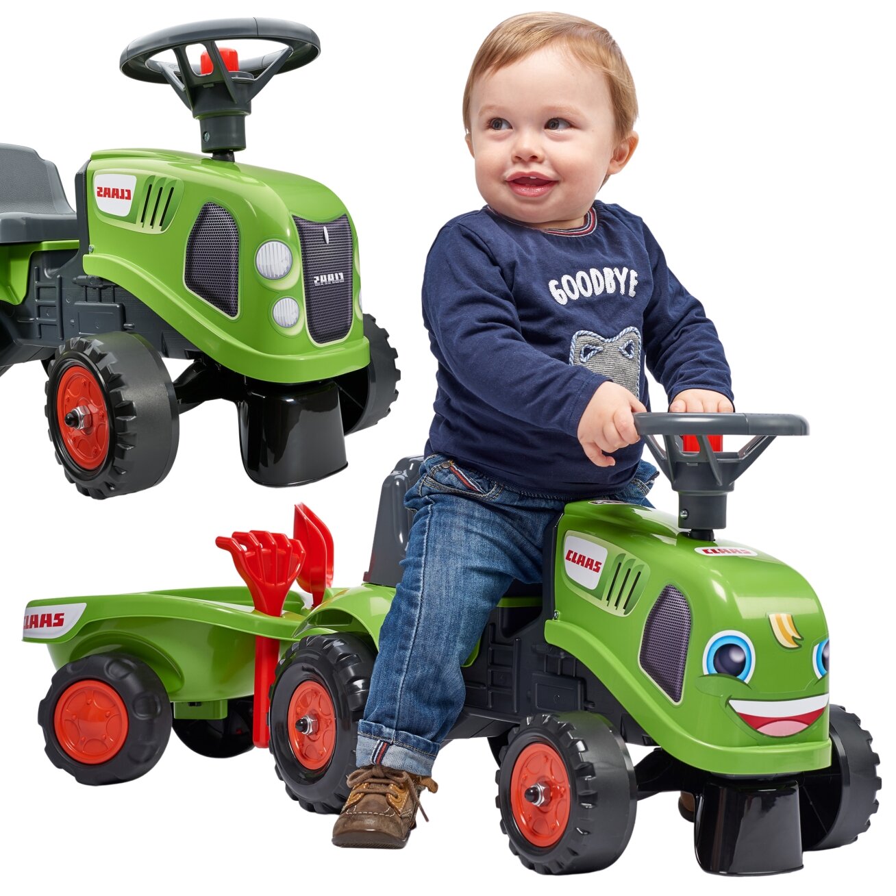 FALK Baby Claas žalias traktoriukas su priekaba + priedai nuo 1 metų