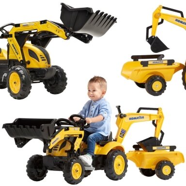 FALK pedalinis traktorius Komatsu su ekskavatoriaus kaušu ir priekaba 2–5 m.