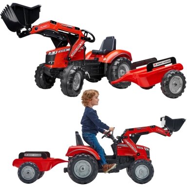 FALK pedalinis traktorius Massey Ferguson 8740S su kaušu ir priekaba 3–7 m.