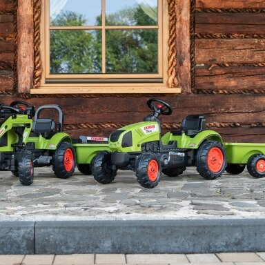 FALK žalias CLAAS pedalinis traktorius su priekaba + signalas nuo 2 metų.