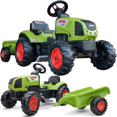FALK žalias CLAAS pedalinis traktorius su priekaba + signalas nuo 2 metų.
