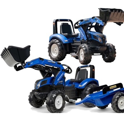 FALK pedalinis traktorius New Holland T8 su kaušu ir priekaba 3–7 m.