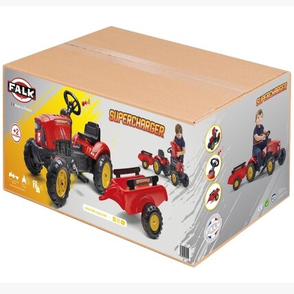 FALK pedalinis traktorius Supercharger su priekaba ir atidaromu variklio dangčiu, raudonas 2–5 m. 8
