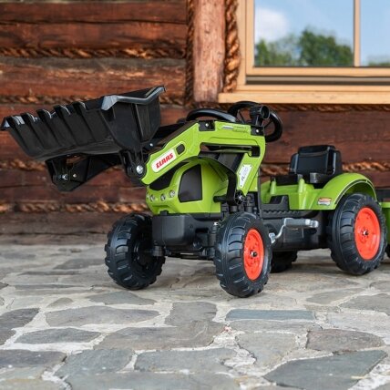 FALK Claas žalias pedalinis traktorius su priekaba ir kaušu 2–5 metų vaikams 2
