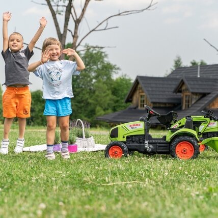 FALK Claas žalias pedalinis traktorius su priekaba ir kaušu 2–5 metų vaikams 5