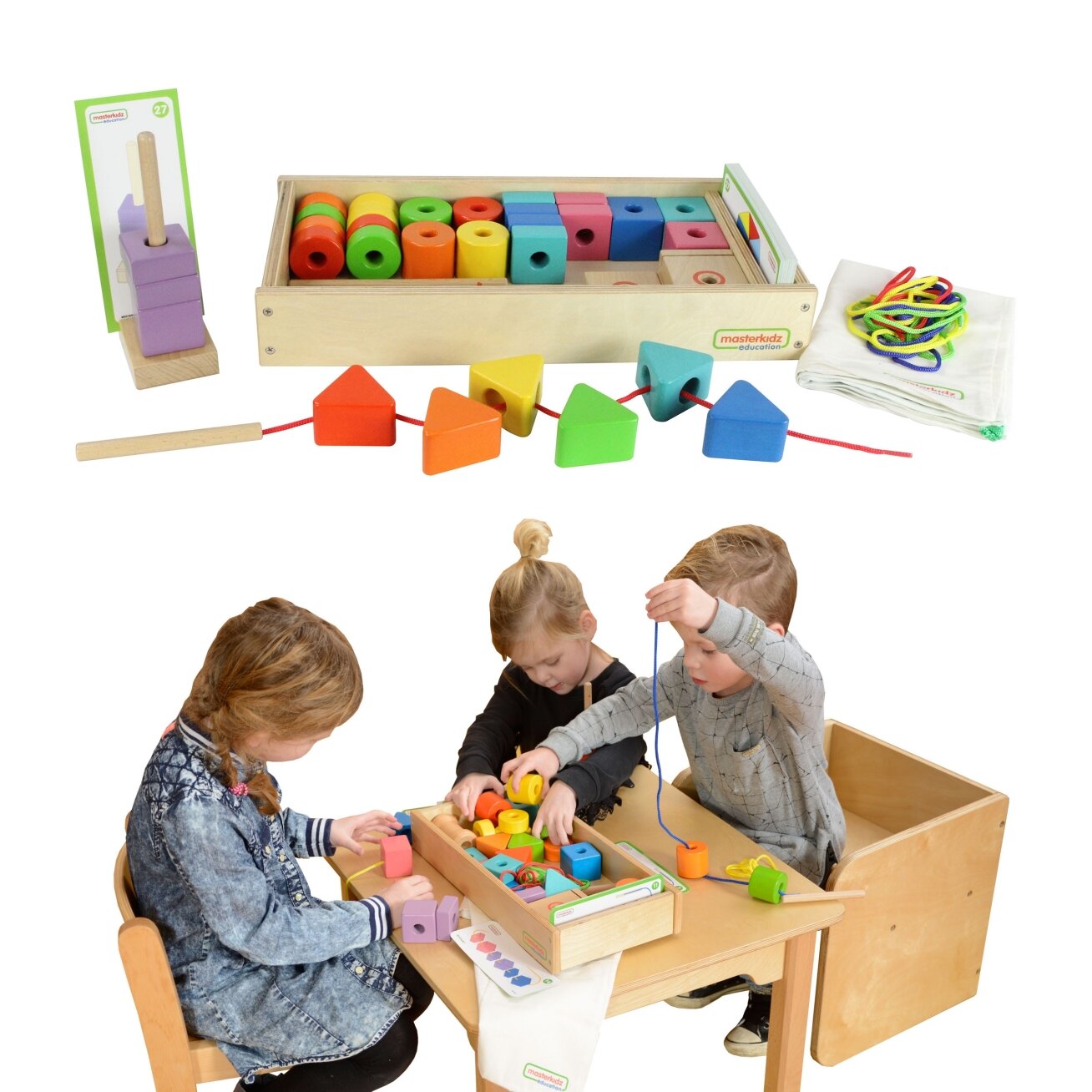 MASTERKIDZ Didelė medinė vėrimo ir suvarstymo Montessori priemonė
