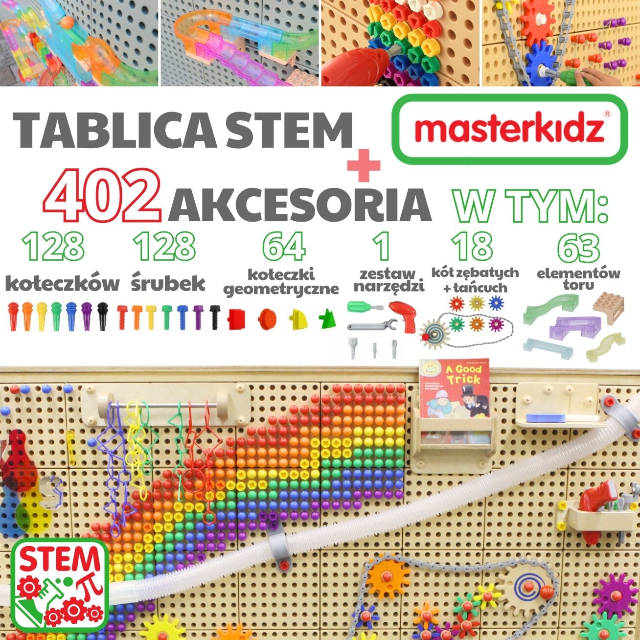 MASTERKIDZ Laisvai pastatoma kūrybinė STEM mokslinė lenta 166 x 125 + priedų rinkinys 1