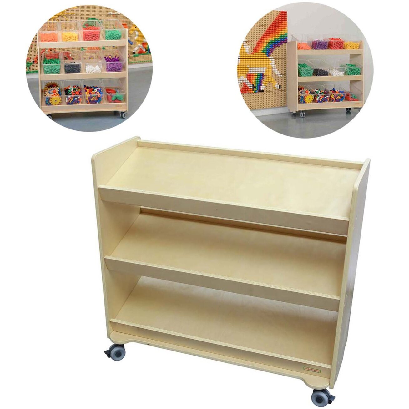 MASTERKIDZ lentyna ant ratukų – 3 lentynos STEM lentos priedams 800H x 800L MASTERKIDZ lentyna ant ratukų – 3 lentynos STEM lentos priedams 800H x 800L