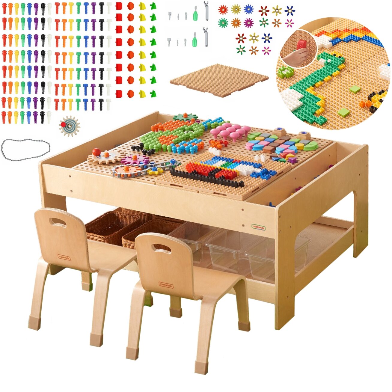 MASTERKIDZ Medinis edukacinis stalas + STEM WALL PRIEDAI + 135 kaladėlės