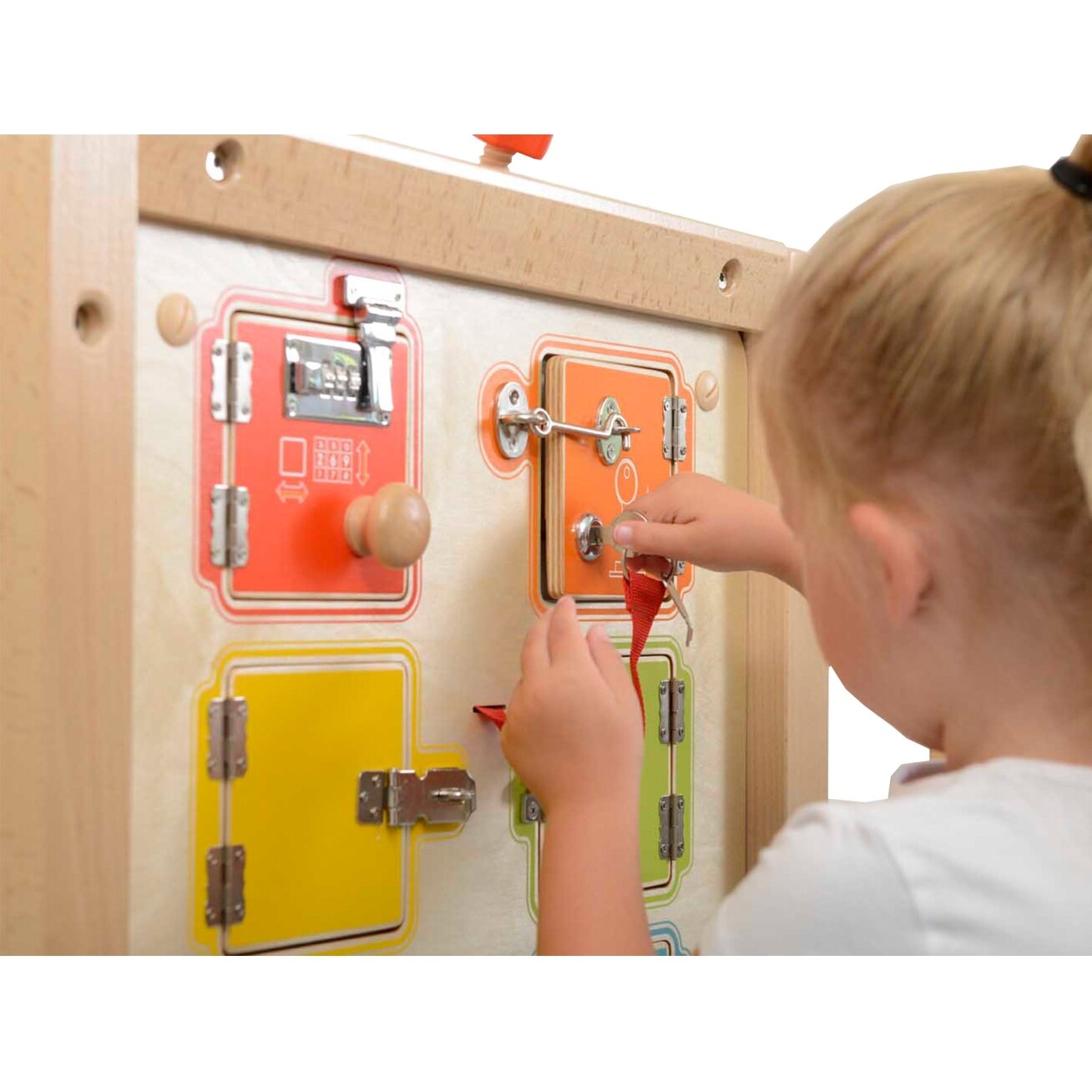 MASTERKIDZ Spynų atidarymo ir uždarymo mokymasis – sieninė manipuliacinė lenta 3 MASTERKIDZ Spynų atidarymo ir uždarymo mokymasis – sieninė manipuliacinė lenta 3