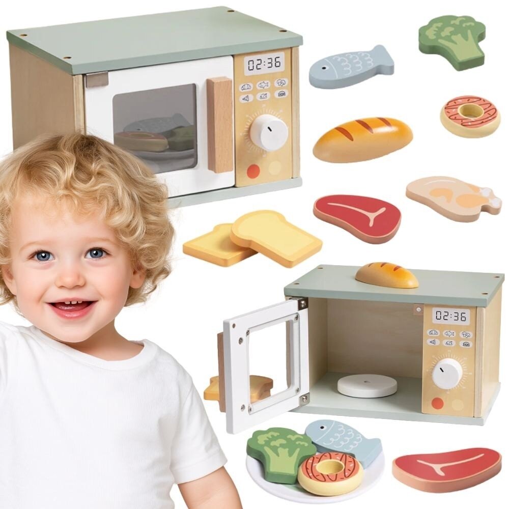 TOOKY TOY Medinė mikrobangų krosnelė maisto produktų rinkinys