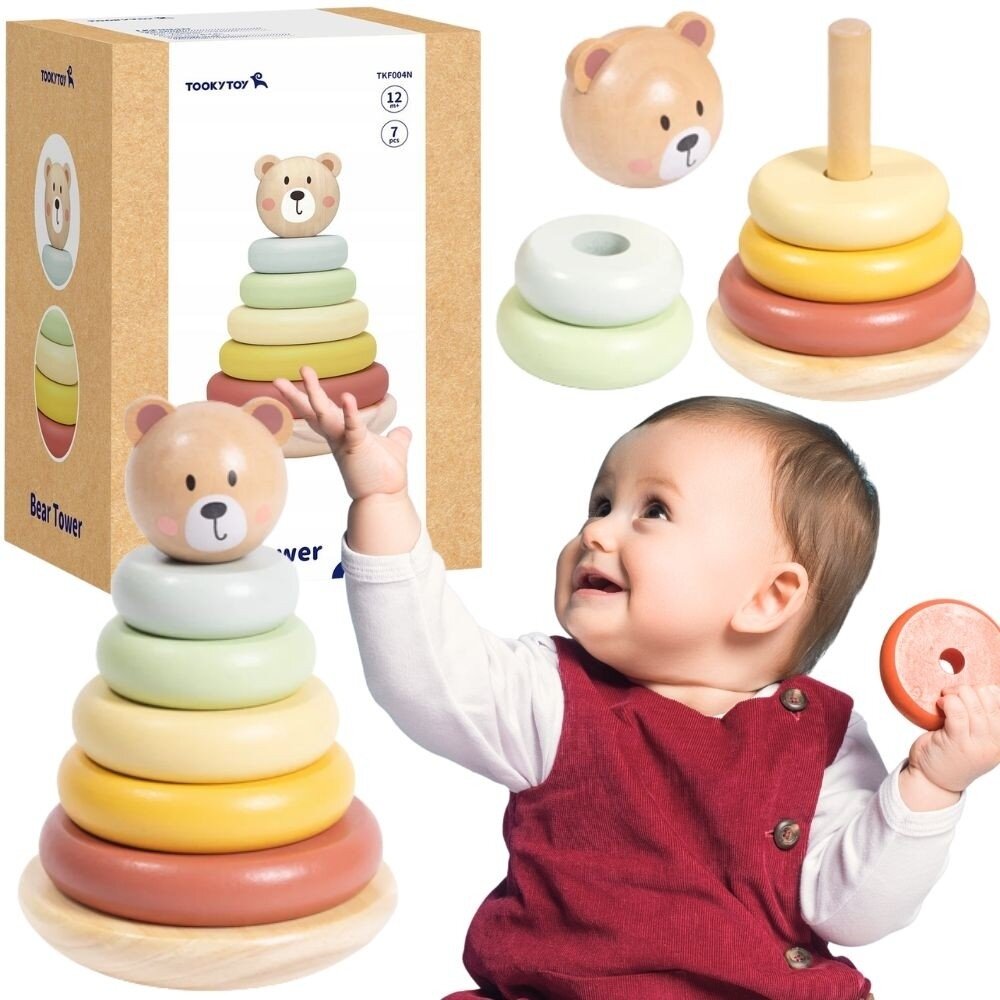 TOOKY TOY Medinė sensorinė dėlionė piramidė Meškiukas sensorinis spalvingas žiedų bokštas TOOKY TOY Medinė sensorinė dėlionė piramidė Meškiukas sensorinis spalvingas žiedų bokštas