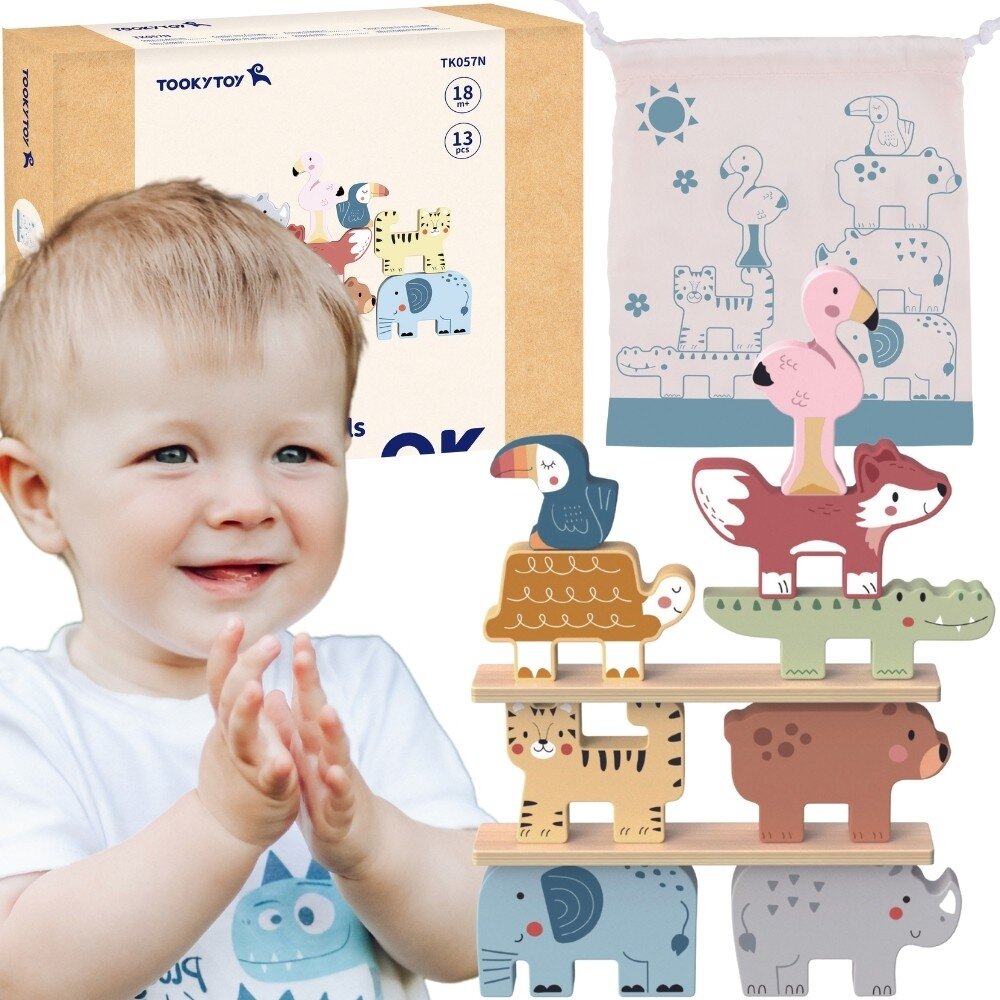 TOOKY TOY Medinės kaladėlės dėlionė Gyvūnėliai Montessori 9 el.