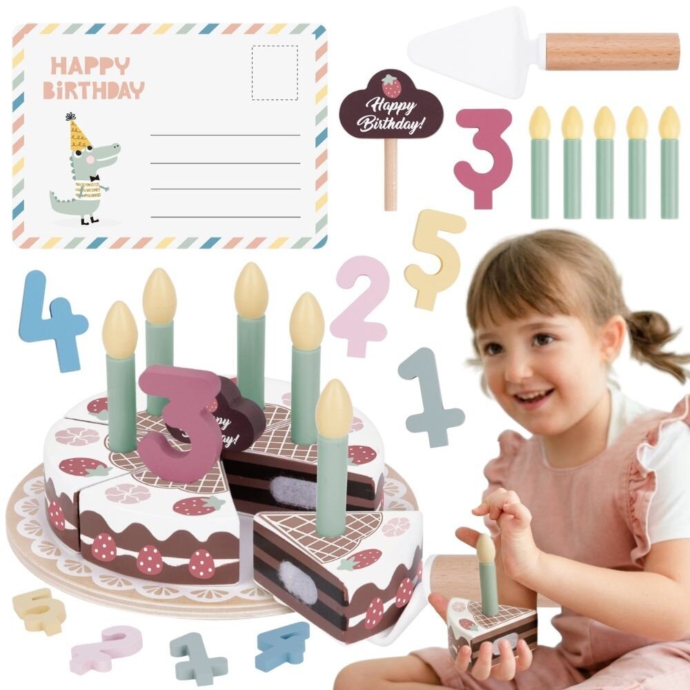 TOOKY TOY Medinis gimtadienio tortas su žvakutėmis ir lipukais