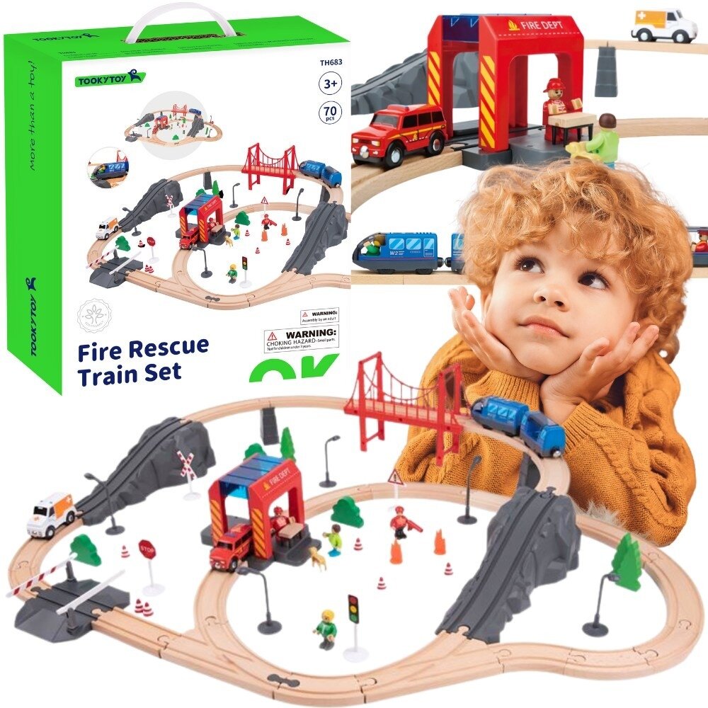 Tooky Toy medinis elektrinis traukinukų rinkinys Gaisrinė su garso efektais 70 vnt. FSC