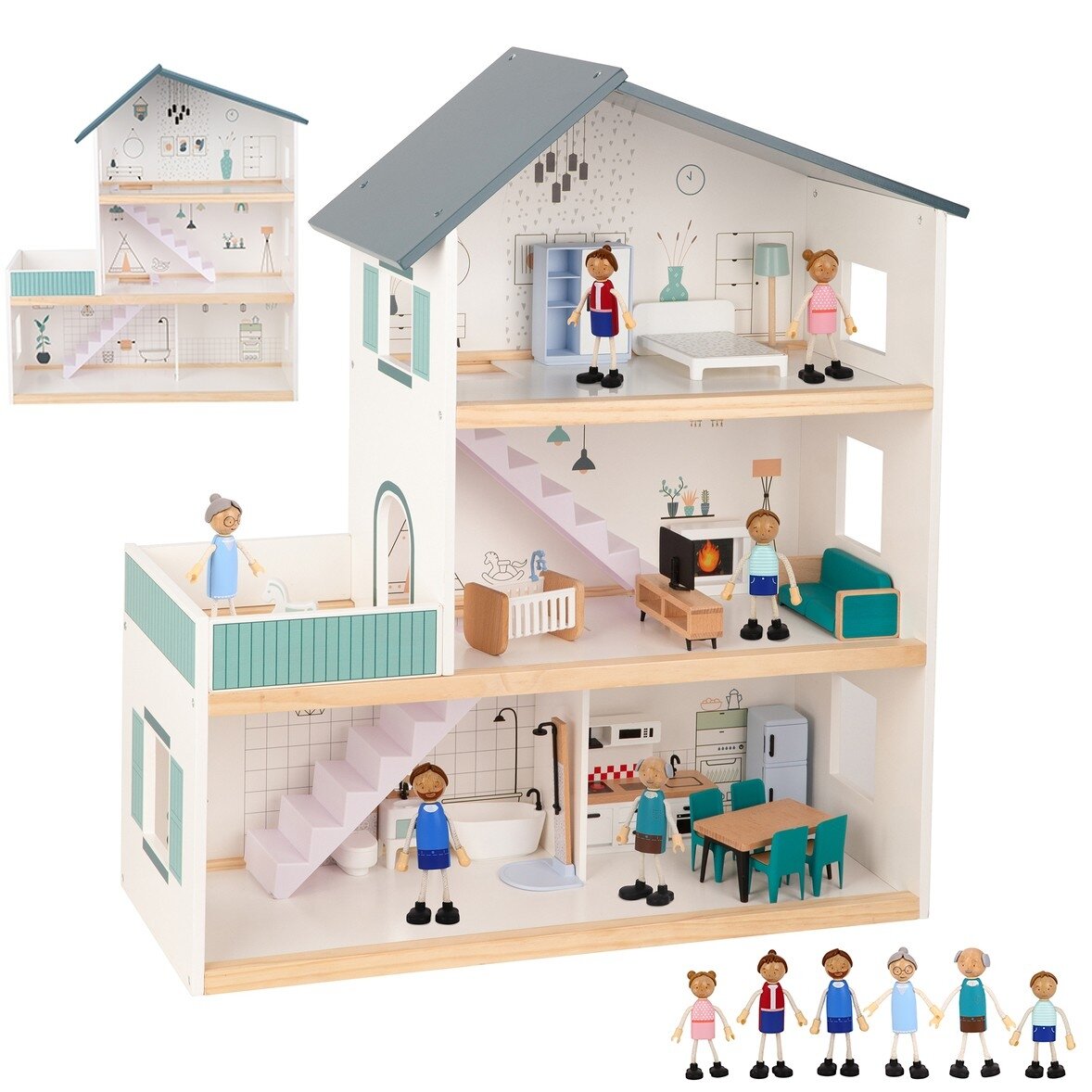 TOOKY TOY Didelis medinis lėlių namelis + figūrėlės FSC 13