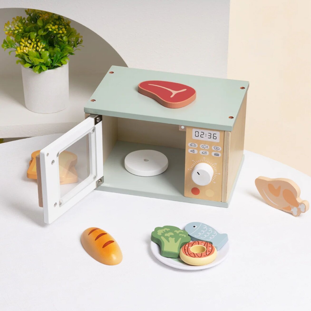 TOOKY TOY Medinė mikrobangų krosnelė maisto produktų rinkinys 3