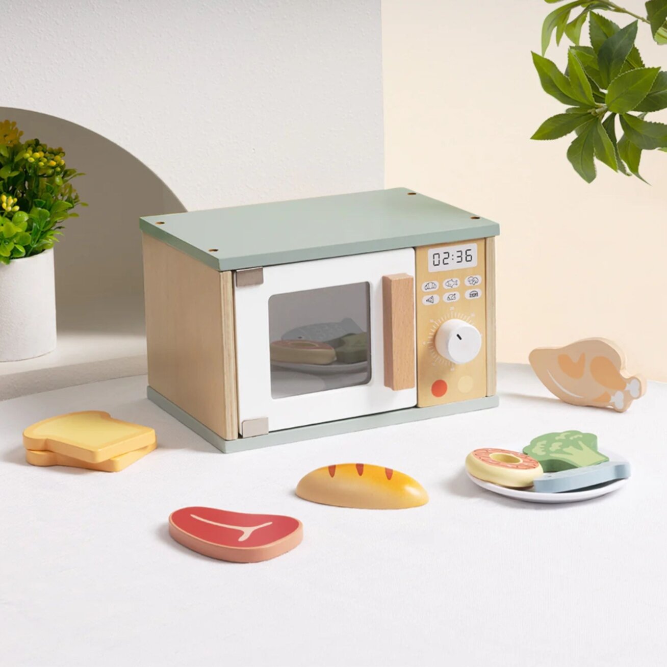TOOKY TOY Medinė mikrobangų krosnelė maisto produktų rinkinys 5