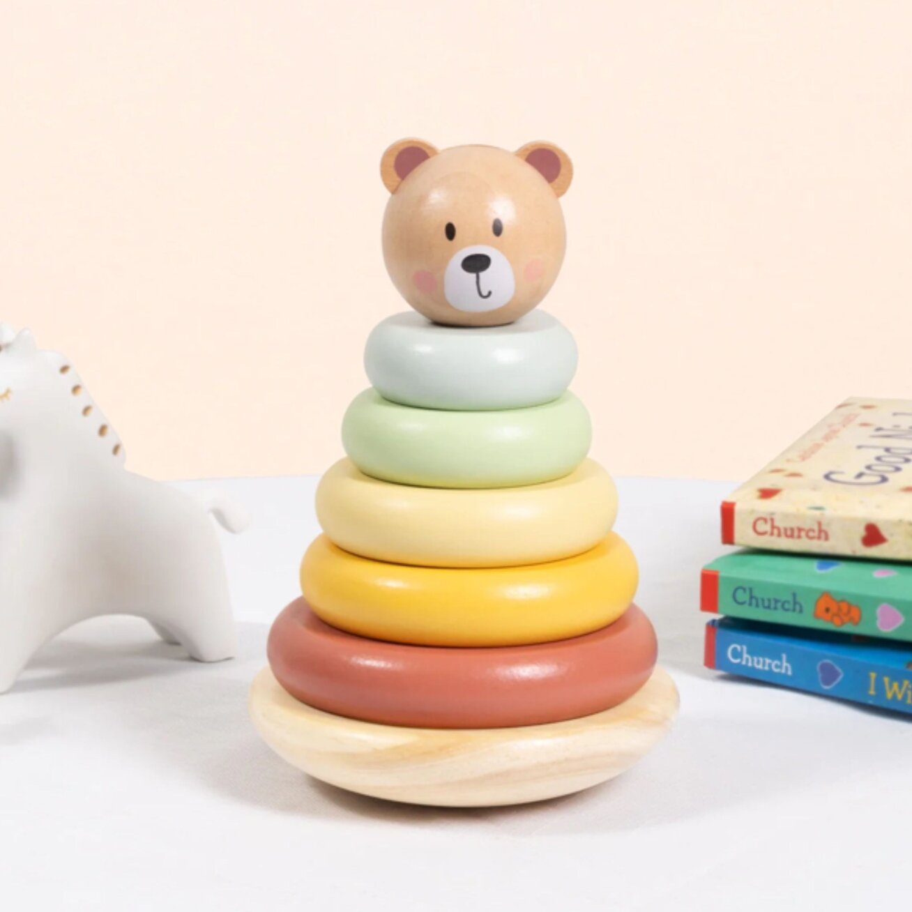 TOOKY TOY Medinė sensorinė dėlionė piramidė Meškiukas sensorinis spalvingas žiedų bokštas 1