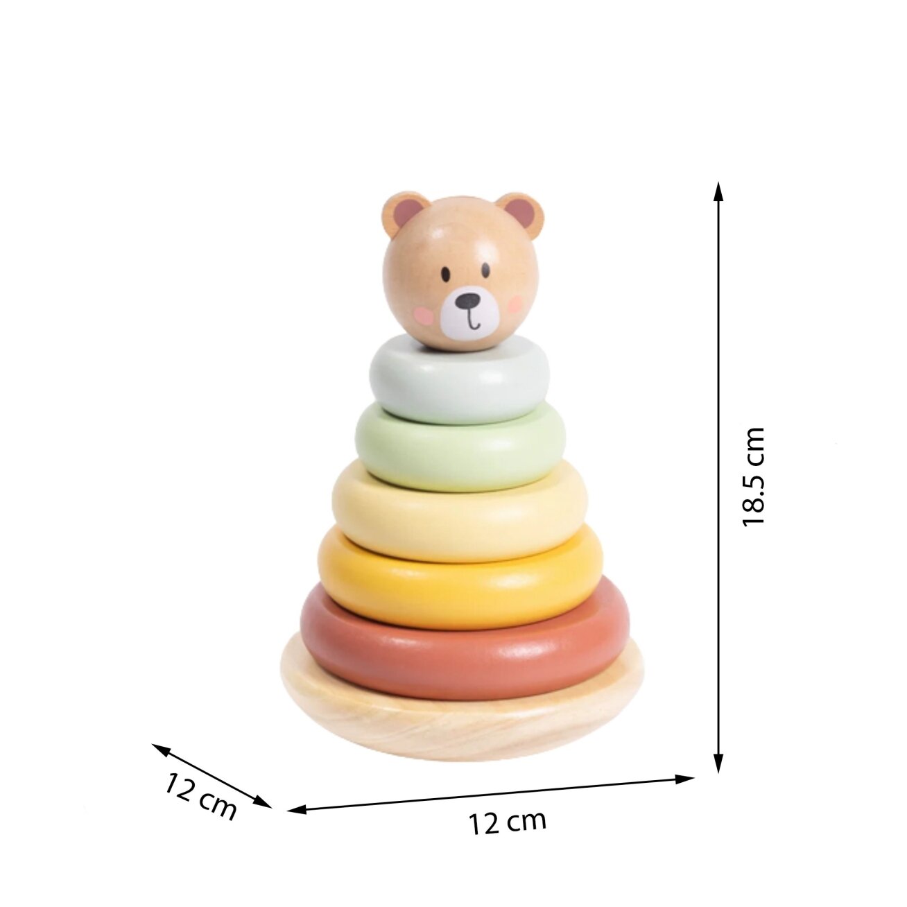 TOOKY TOY Medinė sensorinė dėlionė piramidė Meškiukas sensorinis spalvingas žiedų bokštas 5