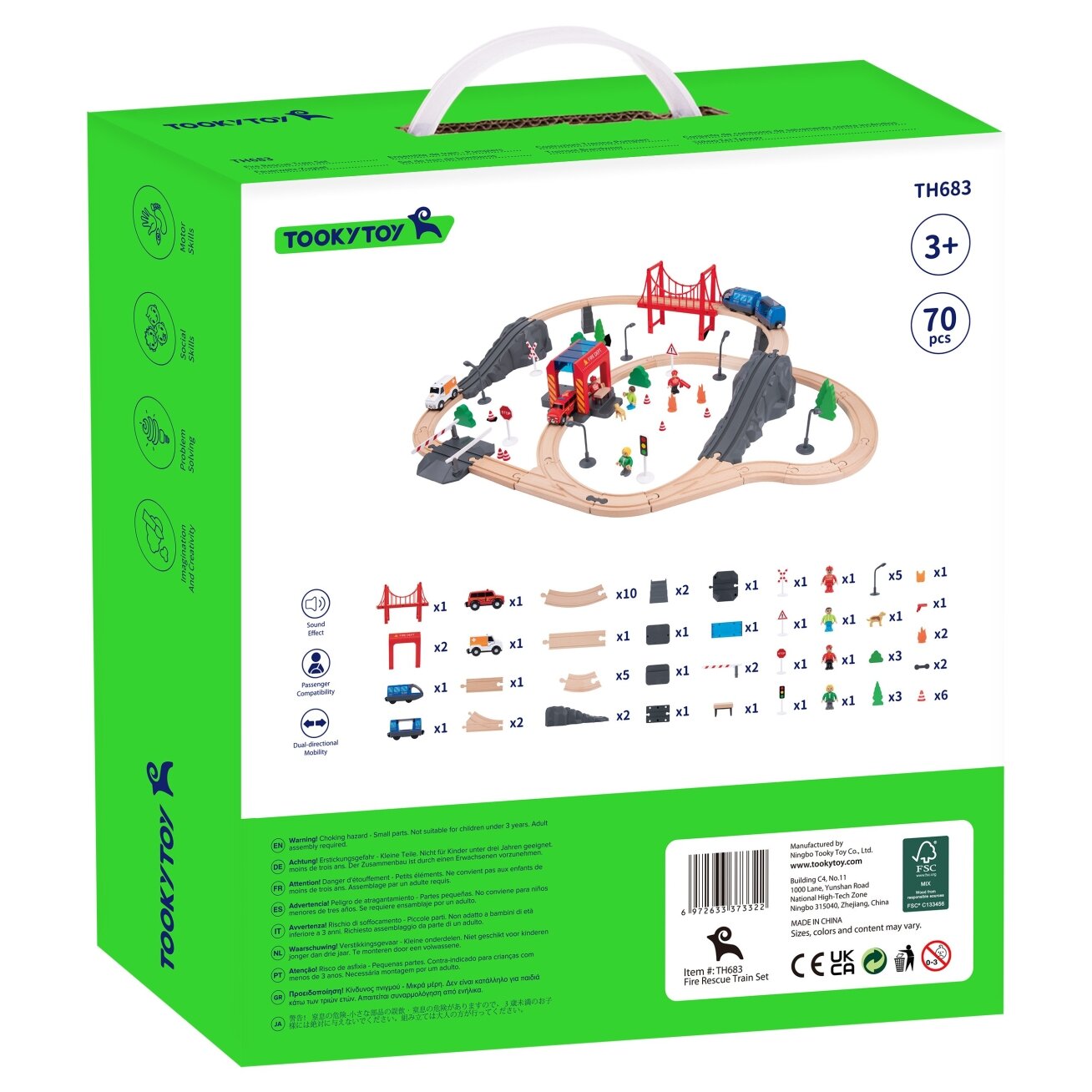 Tooky Toy medinis elektrinis traukinukų rinkinys Gaisrinė su garso efektais 70 vnt. FSC 10 Tooky Toy medinis elektrinis traukinukų rinkinys Gaisrinė su garso efektais 70 vnt. FSC 10