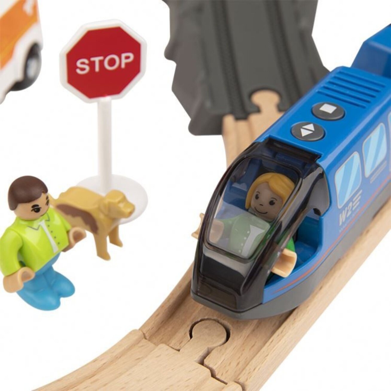 Tooky Toy medinis elektrinis traukinukų rinkinys Gaisrinė su garso efektais 70 vnt. FSC 4