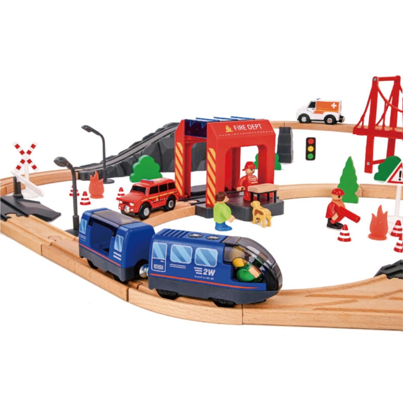 Tooky Toy medinis elektrinis traukinukų rinkinys Gaisrinė su garso efektais 70 vnt. FSC 8