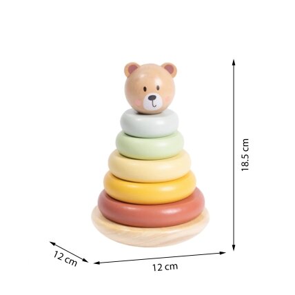 TOOKY TOY Medinė sensorinė dėlionė piramidė Meškiukas sensorinis spalvingas žiedų bokštas 5