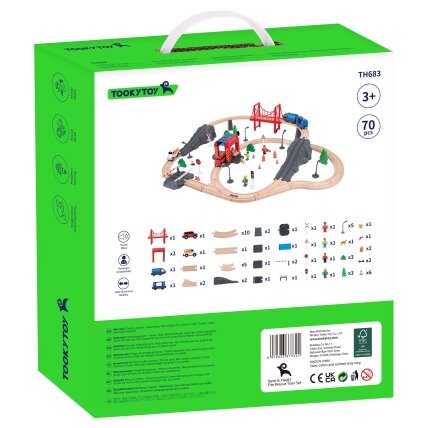 Tooky Toy medinis elektrinis traukinukų rinkinys Gaisrinė su garso efektais 70 vnt. FSC 10 Tooky Toy medinis elektrinis traukinukų rinkinys Gaisrinė su garso efektais 70 vnt. FSC 10