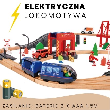 Tooky Toy medinis elektrinis traukinukų rinkinys Gaisrinė su garso efektais 70 vnt. FSC 3 Tooky Toy medinis elektrinis traukinukų rinkinys Gaisrinė su garso efektais 70 vnt. FSC 3