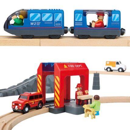 Tooky Toy medinis elektrinis traukinukų rinkinys Gaisrinė su garso efektais 70 vnt. FSC 6 Tooky Toy medinis elektrinis traukinukų rinkinys Gaisrinė su garso efektais 70 vnt. FSC 6