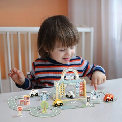 TOOKY TOY Mini miesto rinkinys nešiojamas rinkinys krepšys automobiliai 1 TOOKY TOY Mini miesto rinkinys nešiojamas rinkinys krepšys automobiliai 1