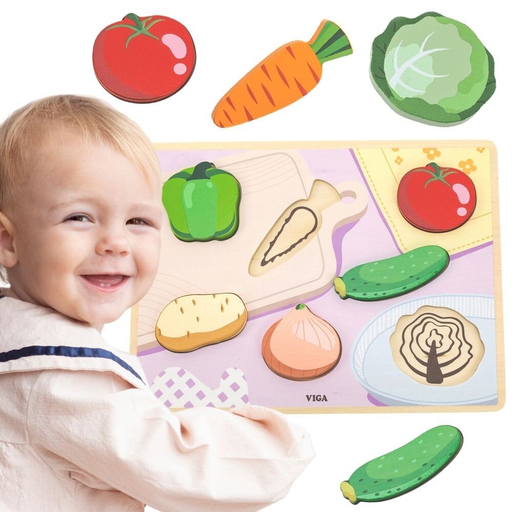 VIGA medinė Montessori dėlionė 2in1 daržovių figūrėlės